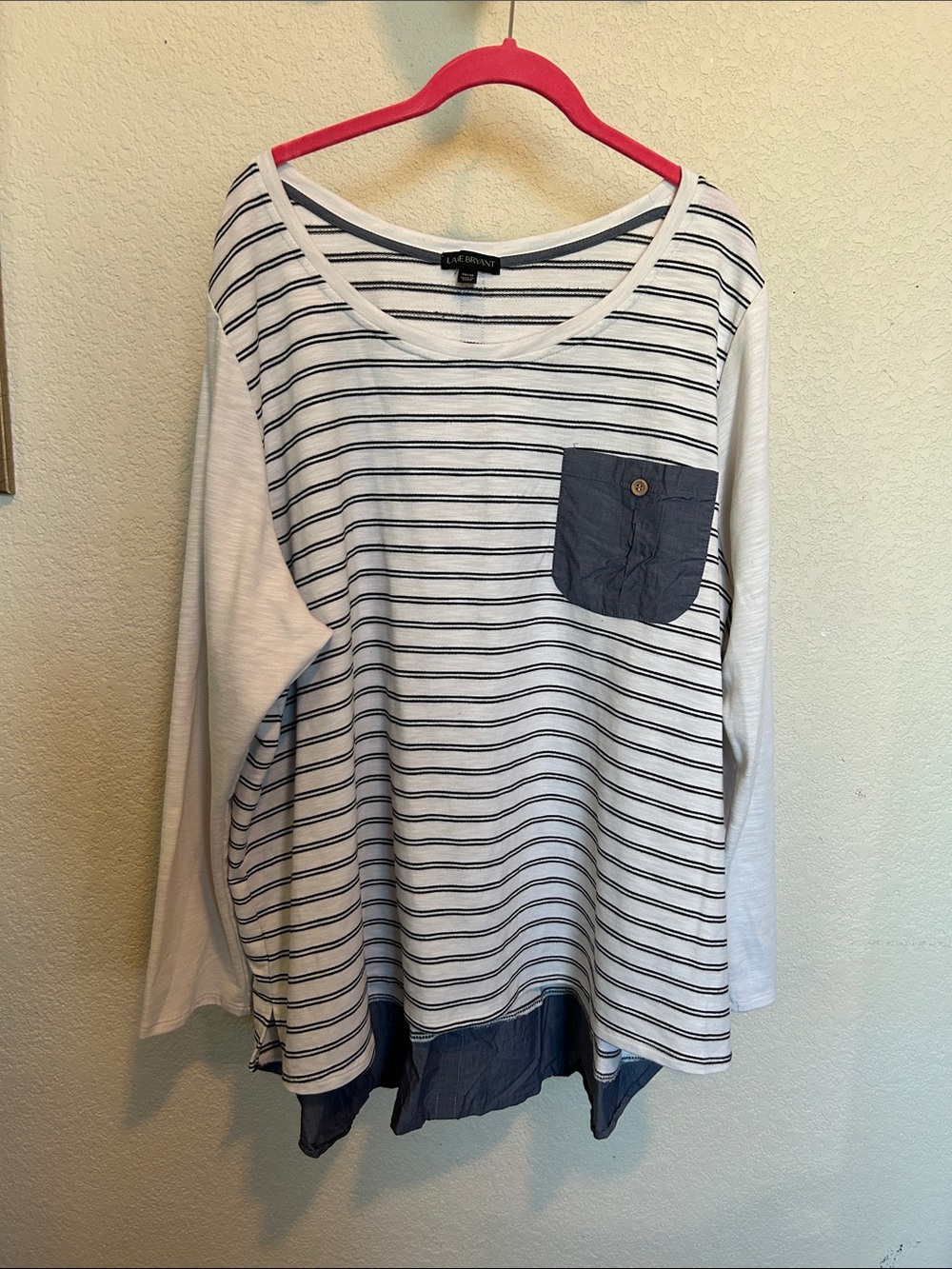 Lane Bryant White and Navy Striped Long Sleeve Top with Navy Pocket Detail